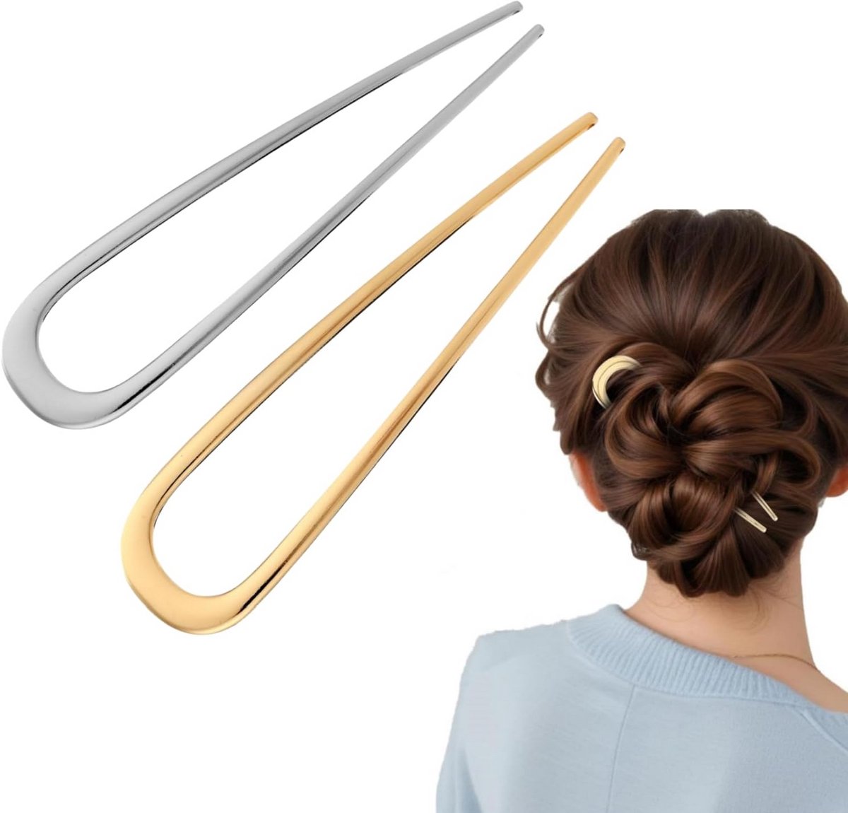 2x Grote metalen haarspelden U-vorm - 14 cm Haarvork voor Dames - Goud en Zilver