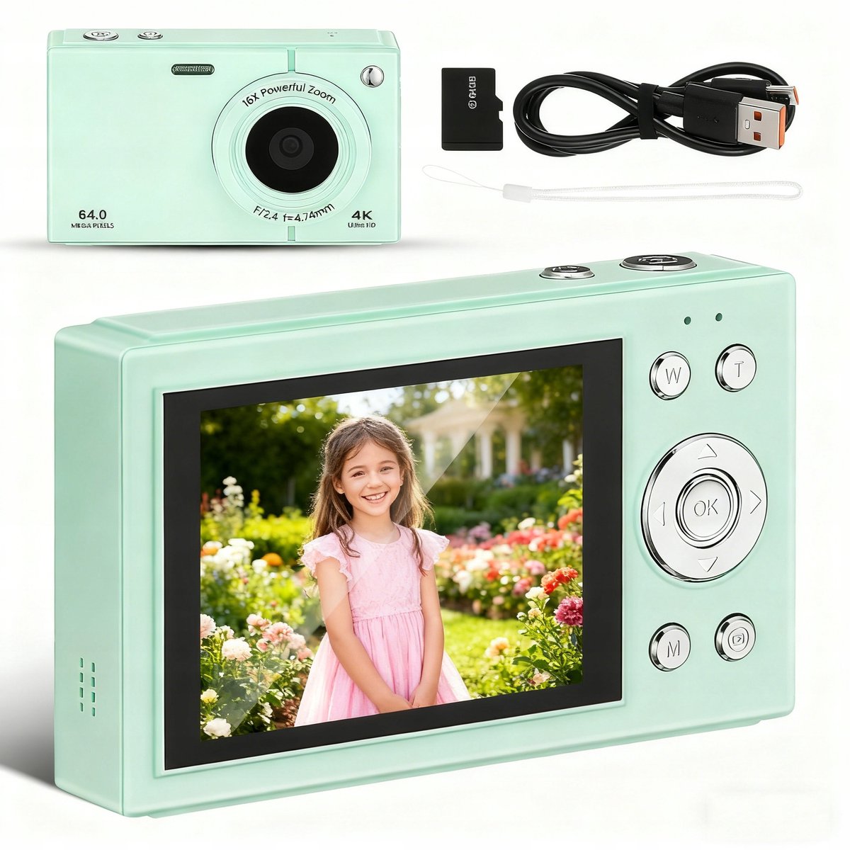 Compact Digitaal Camera 4K - 64MP Auto Focus met 64GB SD Kaart & WiFi - Beginnerscamera voor Reizen,Groene versie