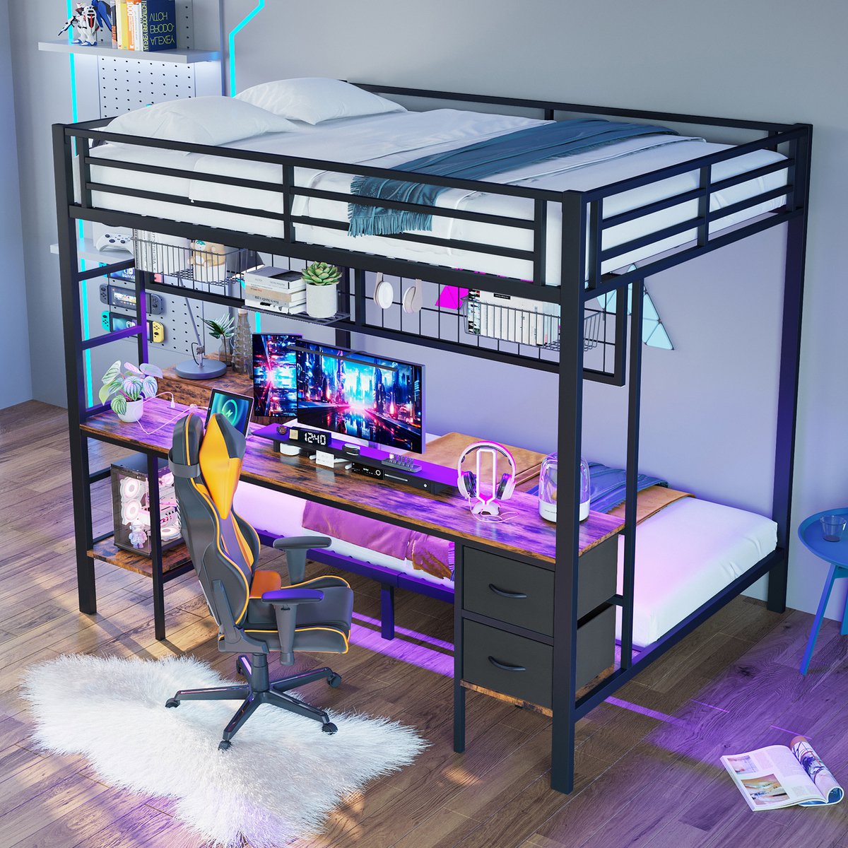 OKWISH Hoogslaper 140x200cm – Met Bureau En Led Verlichting – Met Usb Aansluiting – Met Laden En Planken – Metaal – Zonder Matras – Zwart