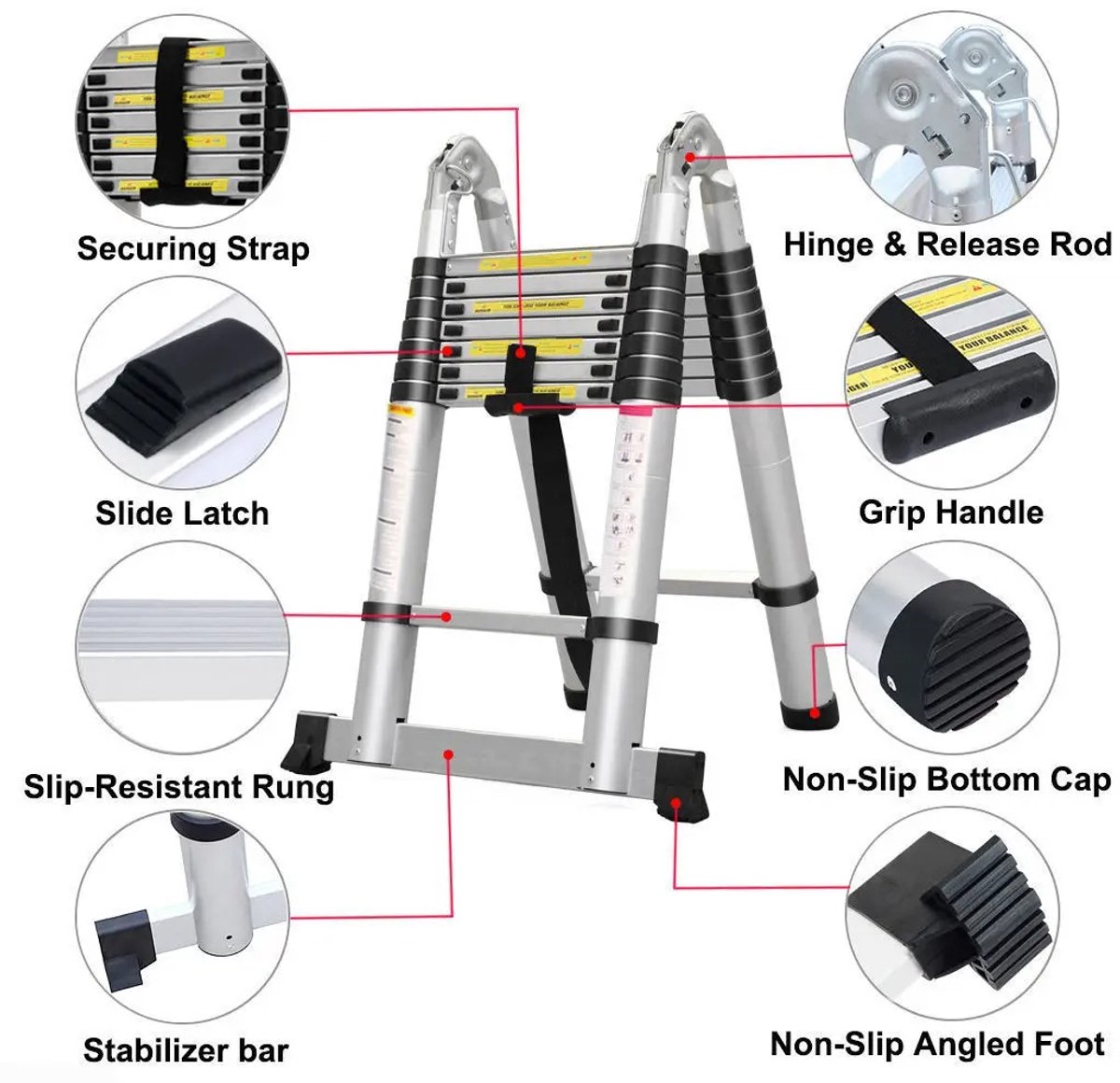 Norvia Telescopische Ladder - 5 meter - Telescoop ladder - Opvouwbare trapladder - Aluminium - Draagbaar - Max. Belasting 150kg – foto 4