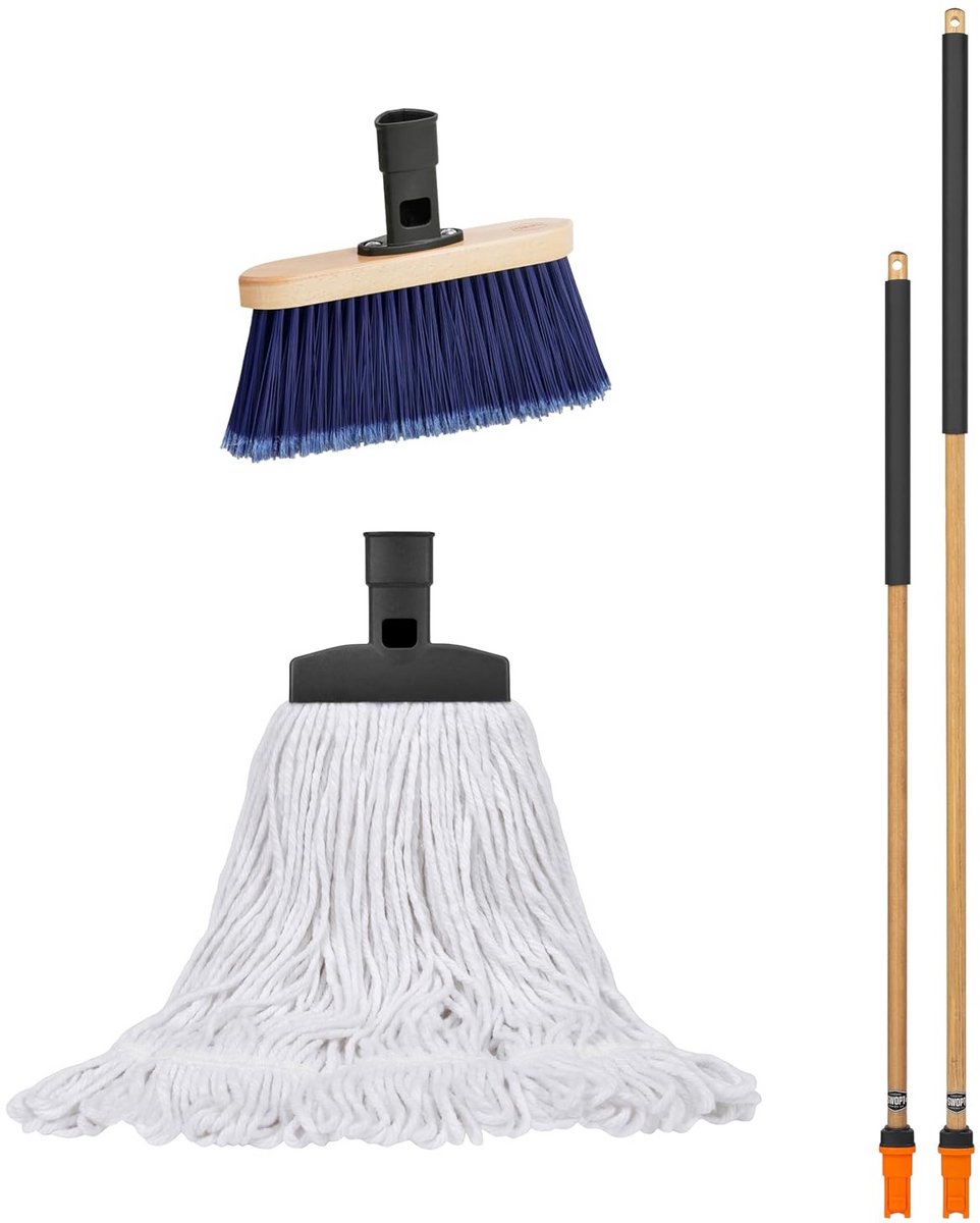 Hoekbezem en Dweil Set met Lange Houten Handvatten - Verwisselbare Reinigingskoppen