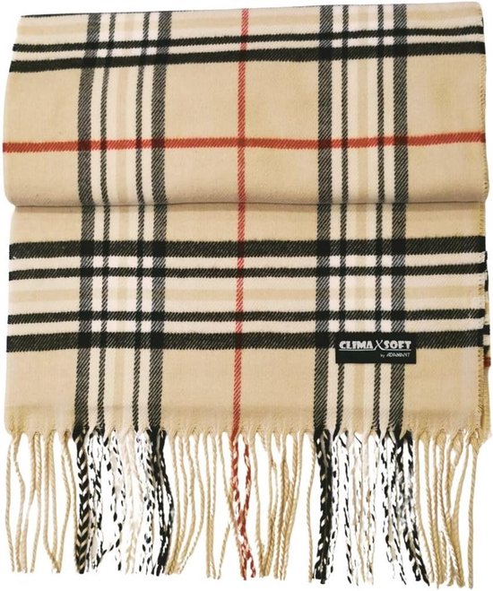 Beige sjaal met zwart, rood en crème ruitpatroon en witte franjes.