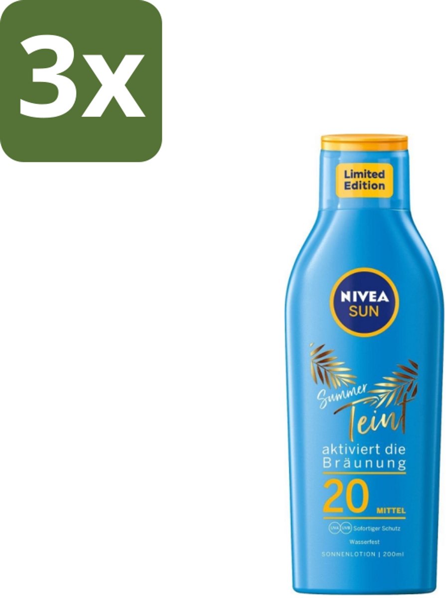 Nivea Sun – Zonnemelk – Zomerteint SPF 20 – 200 ml - Bulkverpakking - 3 stuks