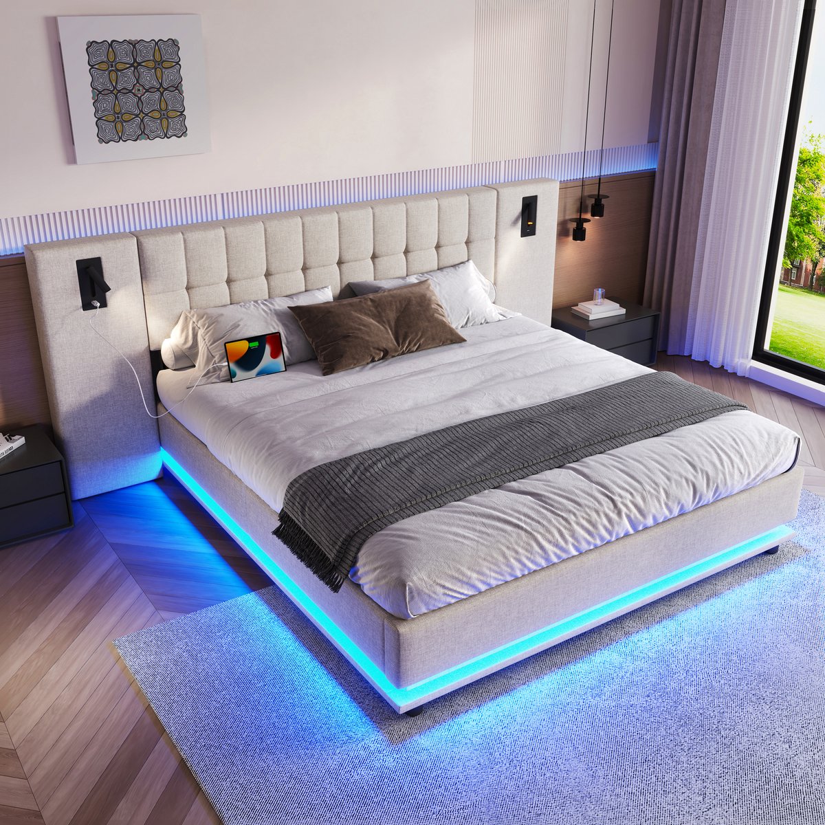 OKWISH Gestoffeerd Bed 180x200cm - LED Sfeerverlichting Met Instelbare Kleuren en Hoofdeinde Met Spot - Met USB - Linnen - Beige - Zonder matras