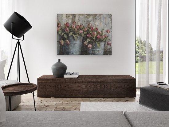 Artaza Canvas Peinture Peinture de Tulipes Rouges dans des Seaux Métalliques avec un Fond Rustique - 120x90 cm - Groot - Décoration Murale Salon - Peintures - Décoration Murale