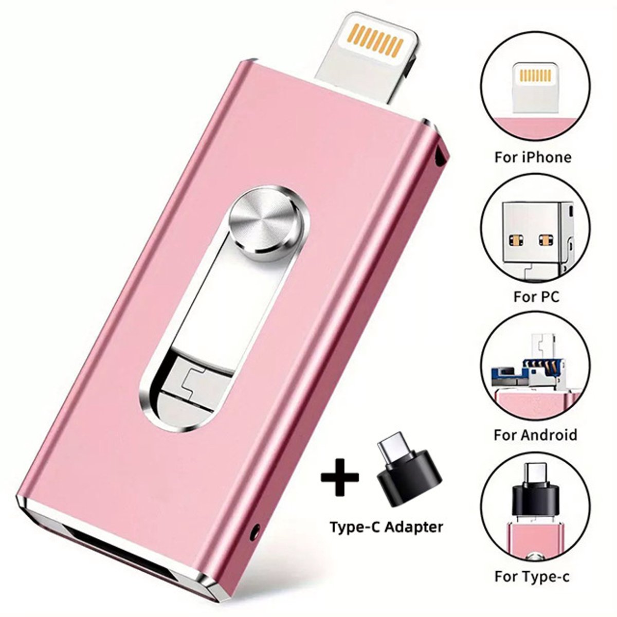 4-in-1 USB-flashdrive -Snelle USB Flash Drive 512GB – Geschikt voor iPhone - Foto Stick met Hoge Snelheid - Externe Opslag voor Foto’s & Video’s - Voorkom Volle Opslag -roze