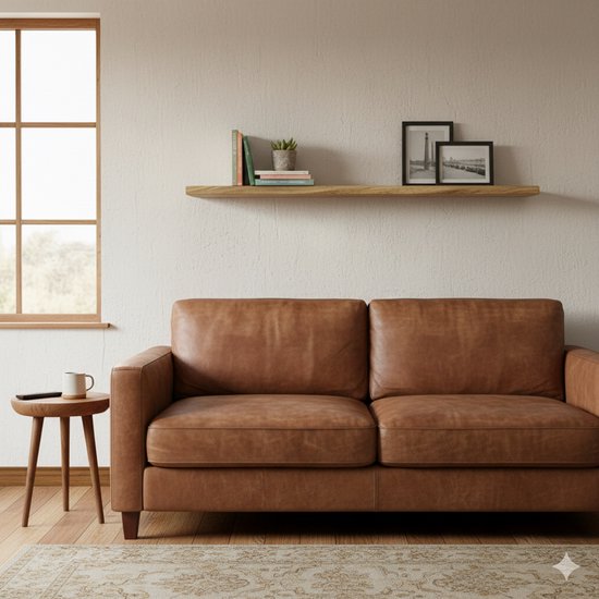 Bruine leren tweepersoonsbank in een lichte woonkamer met houten vloer en een houten wandplank.