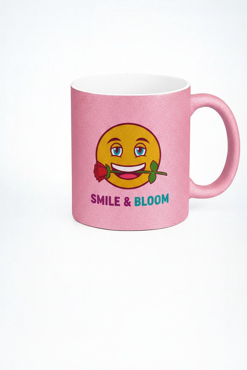 Roze Glitter Mok met Vrolijke Emoji, Roos & 'Smile & Bloom' Tekst - Uniek Cadeau