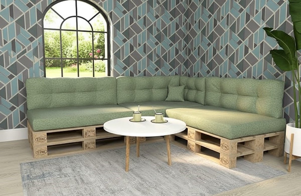 Luxe Pallet Kussen Set – 8-delige Outdoor Comfort Lounge Set voor Euro Pallets – 3x Zitkussen 120x80cm, 3x Rugkussen 120x50cm, 1x Zij-kussen 60x40cm, 1x Decoratief Kussen 40x40cm – UV-bestendig, Groen – Tuin, Balkon & Terras Sofa House&Garden