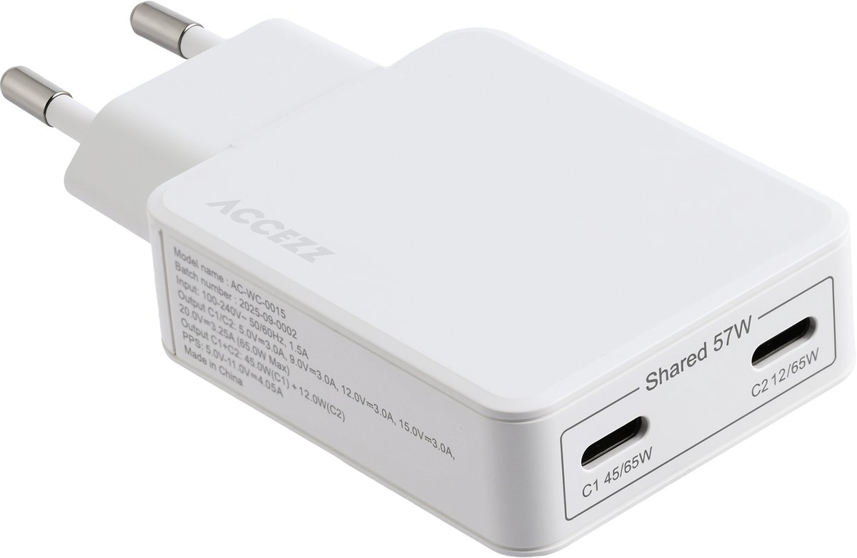 Accezz Ultra Slim GaN Oplader - 2x USB-C - 65W - Wit
