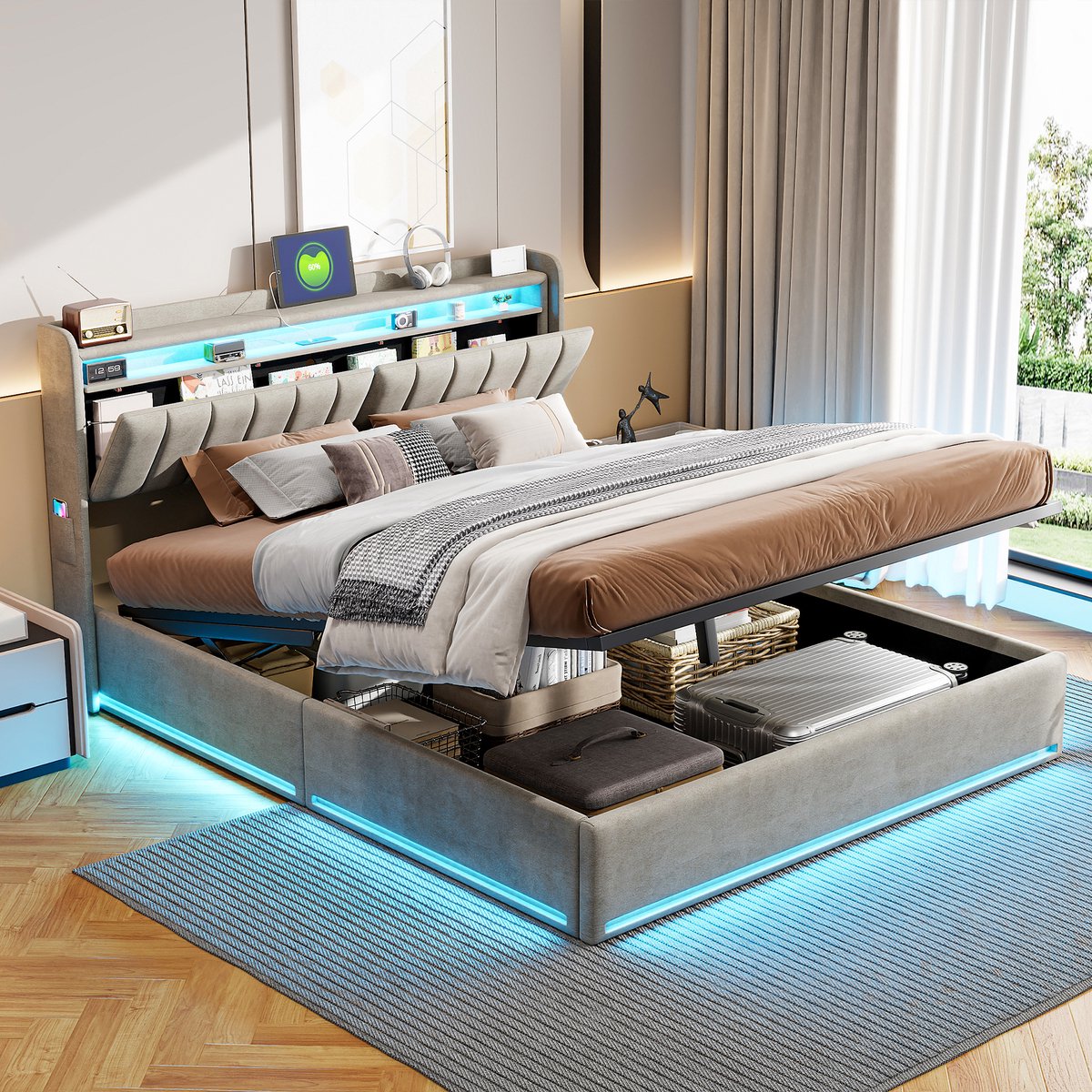 BursDany Tweepersoons Opbergbed 140x190 cm met LED en USB, Opberg Hoofdeinde - Gestoffeerd Bedframe voor Volwassenen en Tieners, 500 KG Ondersteuning, Grijs Fluweel (Zonder Matras)
