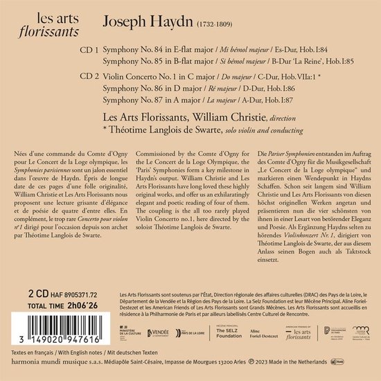 De achterkant van de CD met de titel "Joseph Haydn" bevat een tracklist en beschrijvingen van de symfonieën en het vioolconcerto.