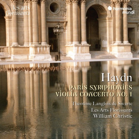 De voorkant van de CD toont de klassieke zuilengalerij van het Louvre, gereflecteerd in het water, met de tekst "Haydn Paris Symphonies Violin Concerto No. 1".