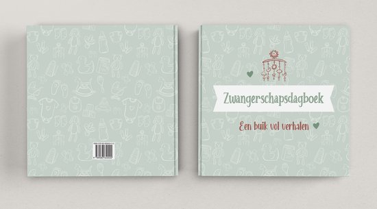 Voorpagina van een zwangerschapsdagboek met een print van babyartikelen.