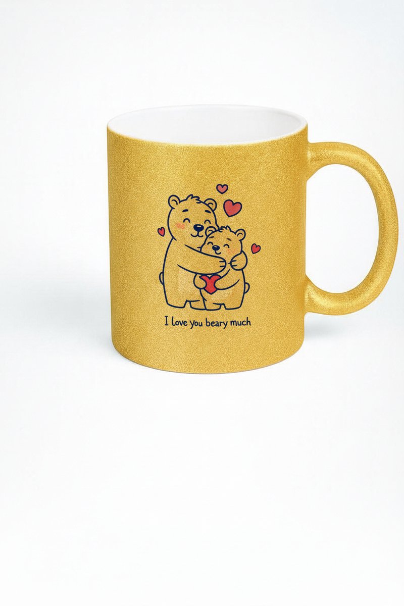 Gouden Glitter Mok met Beren Knuffel en Tekst 'I Love You Beary Much' - Liefdevol Cadeau