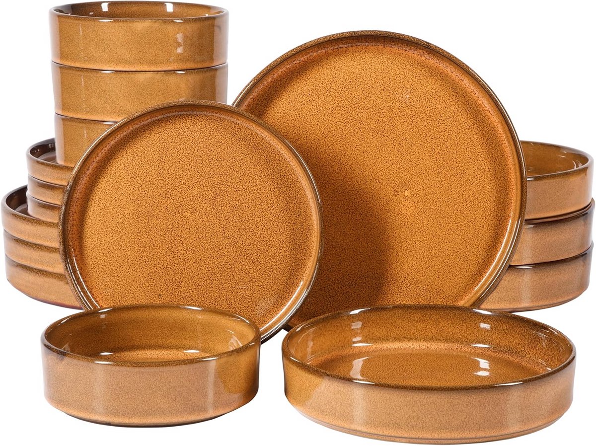 Servies Set Terracotta Amber 16-Delig voor Vier Personen - Reactief Glazuur