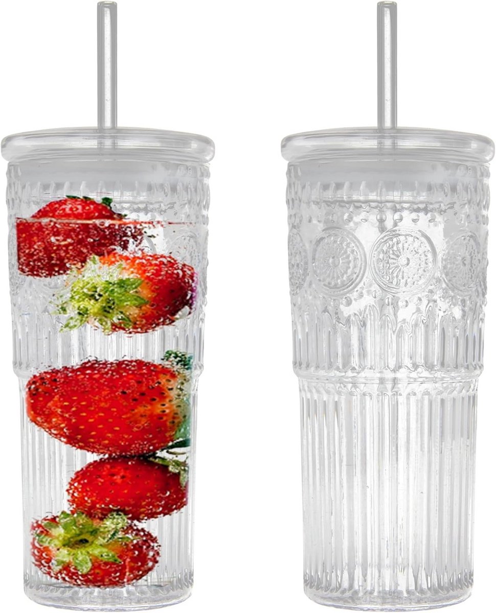 Glazen Iced Coffee Beker 720ml met Deksel en Glazen Rietje