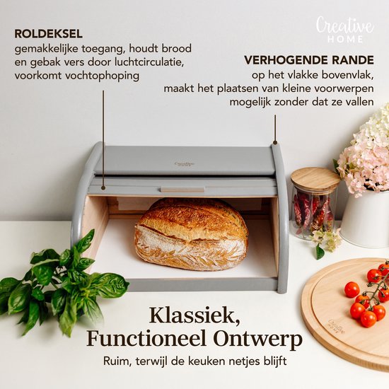Creative Home Boîte à Pain en Bois Grijs | 38 x 28,5 x 17,5 cm (+/- 1 cm) | Bois de hêtre naturel | Conteneur avec Rolltop | Boîte à pain pour chaque Cuisine | Perfect pour les aliments secs