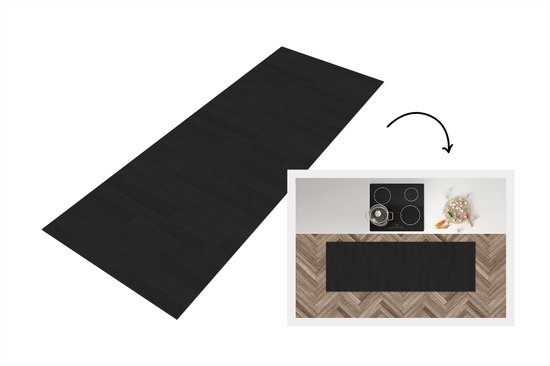 Tapis de cuisine noir en vinyle avec structure en bois, 180x60cm. Montré avec un plan de travail.