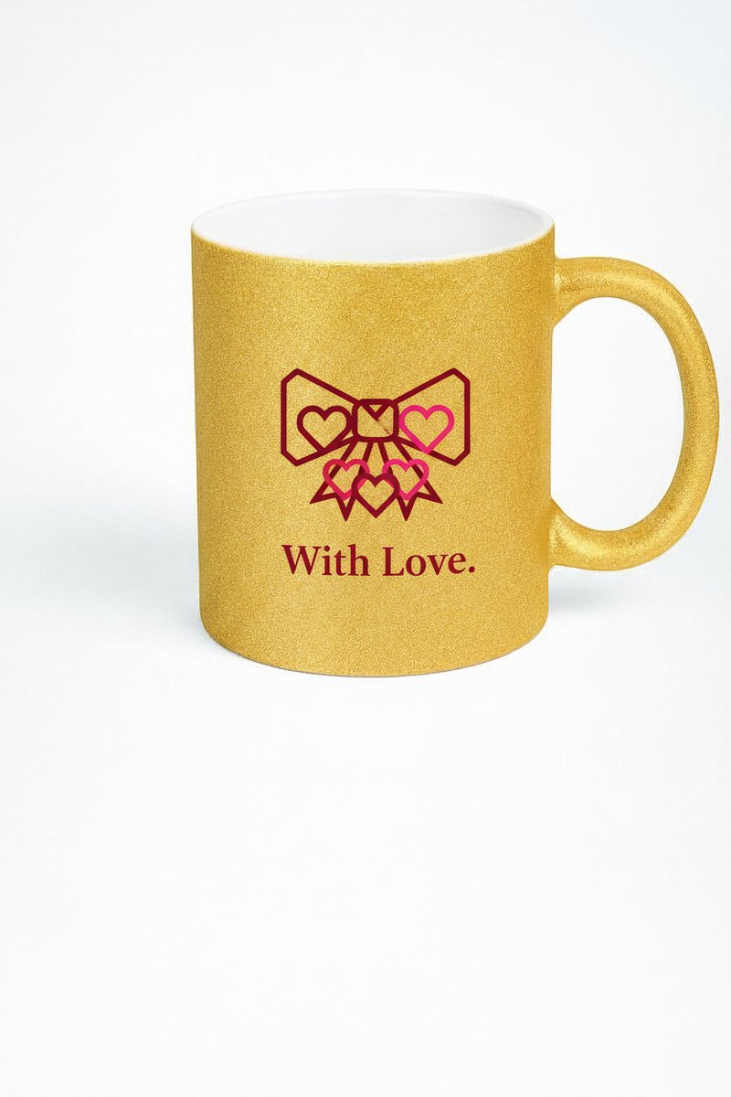 Luxe Gouden Glitter Mok met Hartjes Strik Design en 'With Love' Opdruk - Romantisch Cadeau