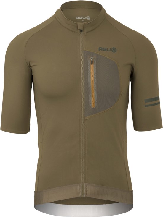 Groen AGU gravel fietsshirt met korte mouwen, ritssluiting en borstzakje met rits.
