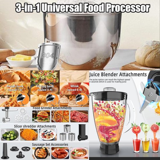 Keukenmachine Mixer - Keukenrobot Blender - Multifunctioneel Koken - Krachtige 1500 Watt Motor - 8 Liter Kom - Zwart — afbeelding 3
