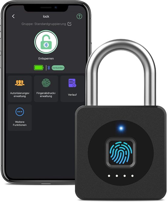 Zwarte slimme hangslot met vingerafdruklezer, naast een smartphone met de "lock" app open.