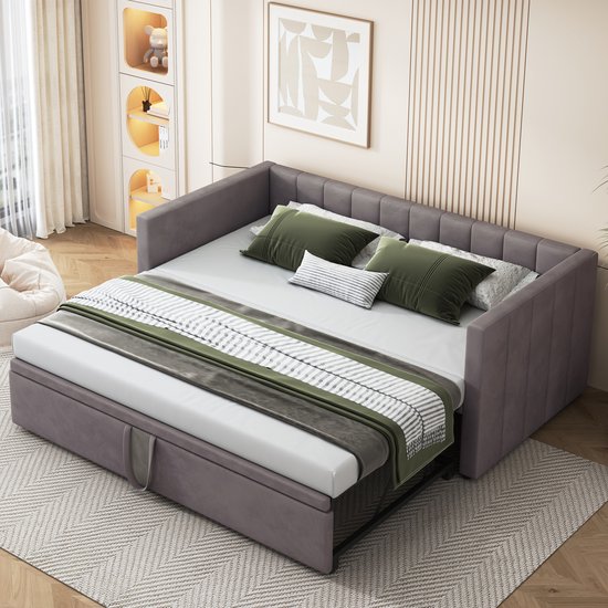 REDOM Slaapbank 90x200 cm – Uitschuifbaar tot 180x200 cm – 1 tot 2 Persoons Logeerbed met Fluweel Bekleding – Ruimtebesparend Voor Woonkamer en Slaapkamer – Grijs