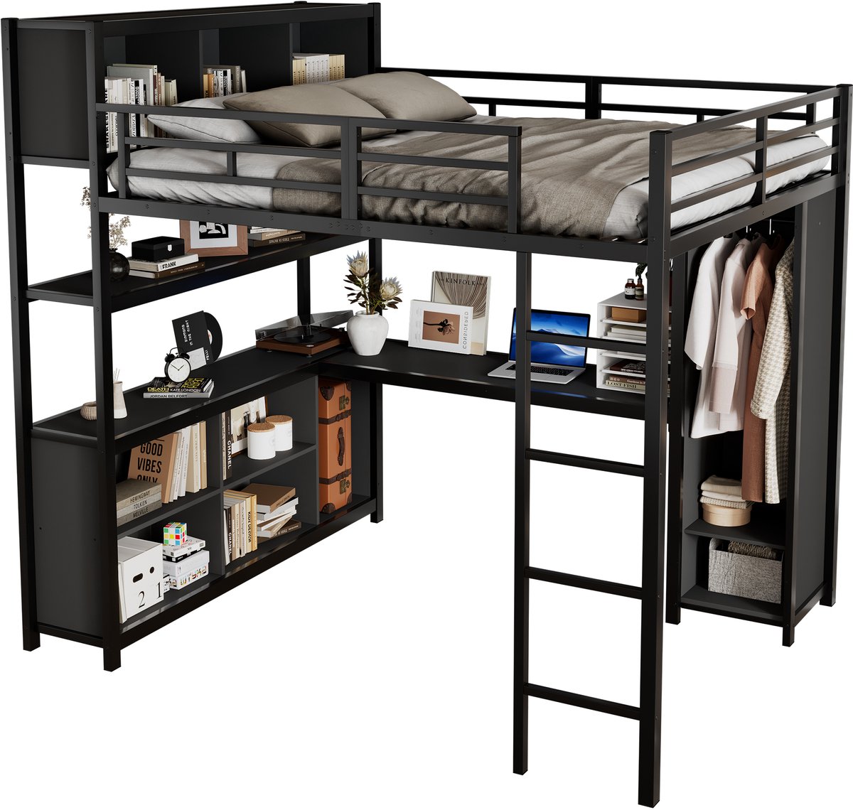 REDOM Hoogslaper – Met bureau & opbergruimte – Met kledingkast – Metaal & hout – Zwart – 140x200 cm