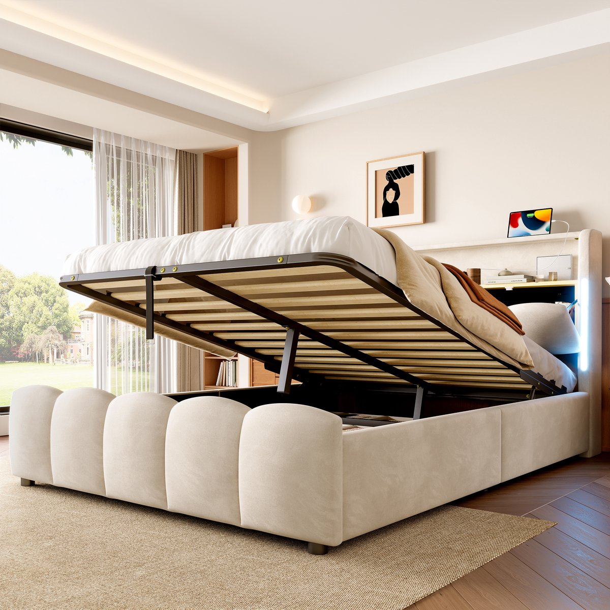 REDOM Luxe 'Wolken' Opbergbed met LED & USB (140x200) - Velvet Twijfelaar met Geheim Hoofdbord - Beige