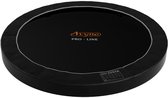 Zwarte ronde trampoline 'Avyna PRO-LINE' met oranje-grijze rand, op een witte achtergrond.