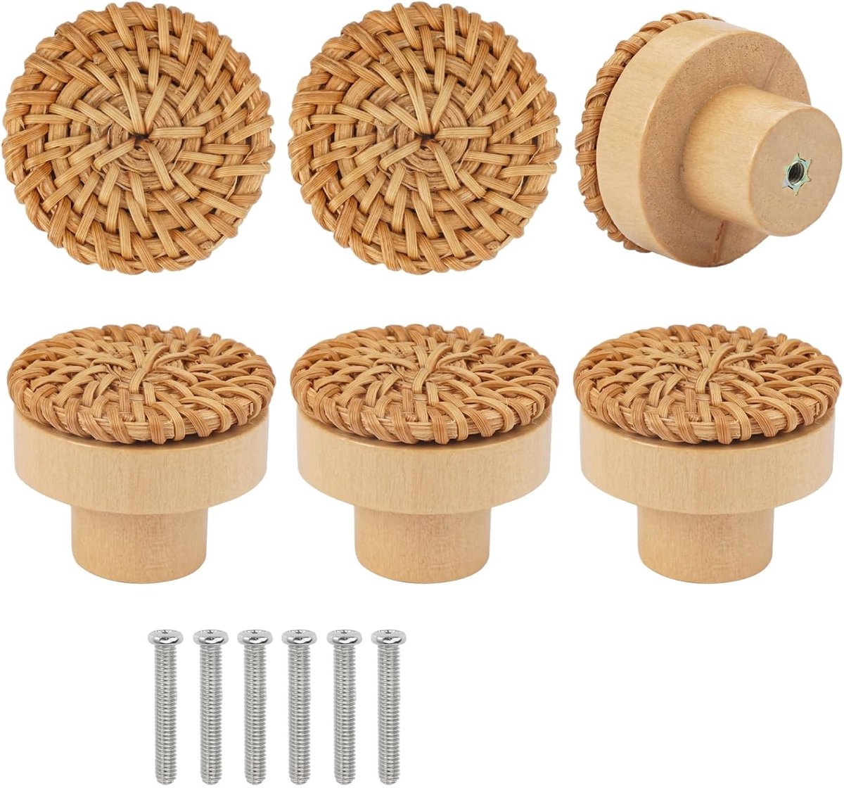 QTTVBTNA – 6 Stuks Kastknoppen – Meubelknoppen – Rotan – Vintage Boho Lade Knoppen met Schroeven – Geschikt voor Kast, Lade, Dressoir en Keukenkast – Decoratieve Meubelgrepen voor Interieur Renovatie – 4 cm