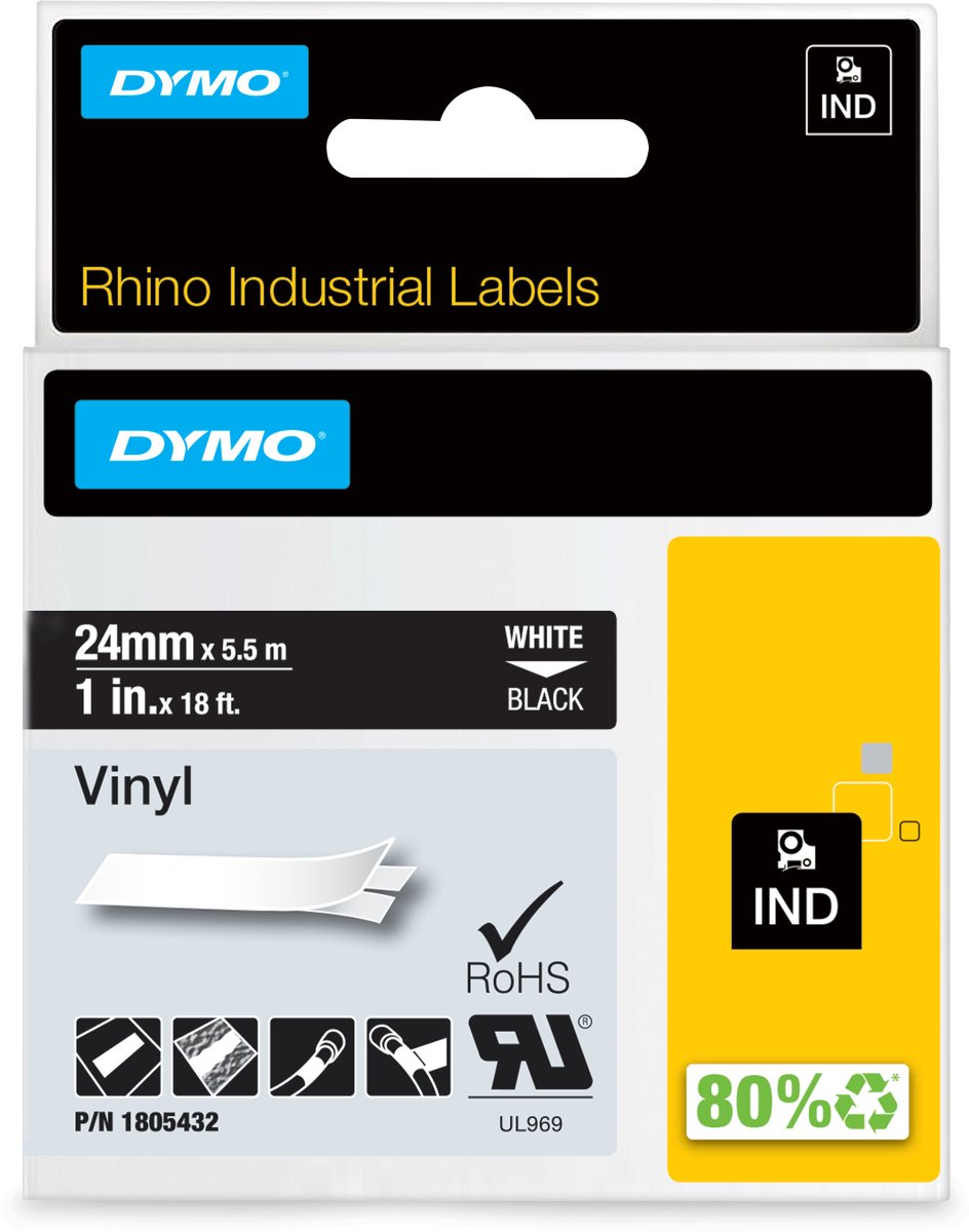 DYMO Rhino industriële Vinyl Labels | 24 mm x 5,5 m | witte afdruk op zwart | zelfklevende labels voor Rhino & LabelManager labelprinters