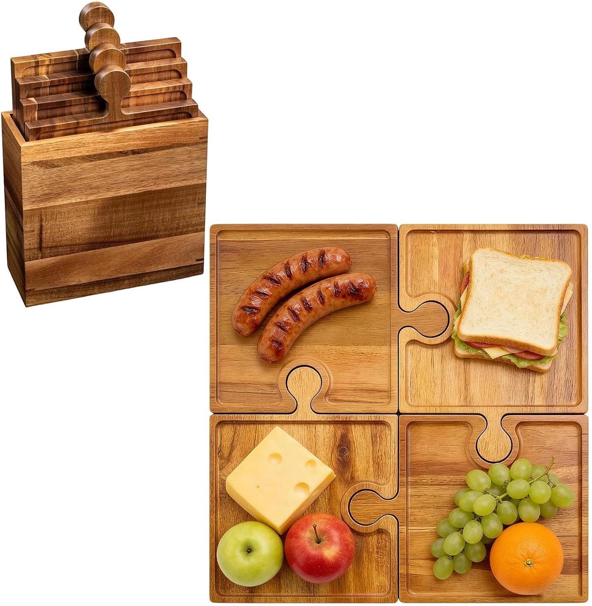 Houten Serveerborden - Kaasplank Set - Feestelijke Presentatie - Puzzel Vorm Ontwerp - 4 Delig