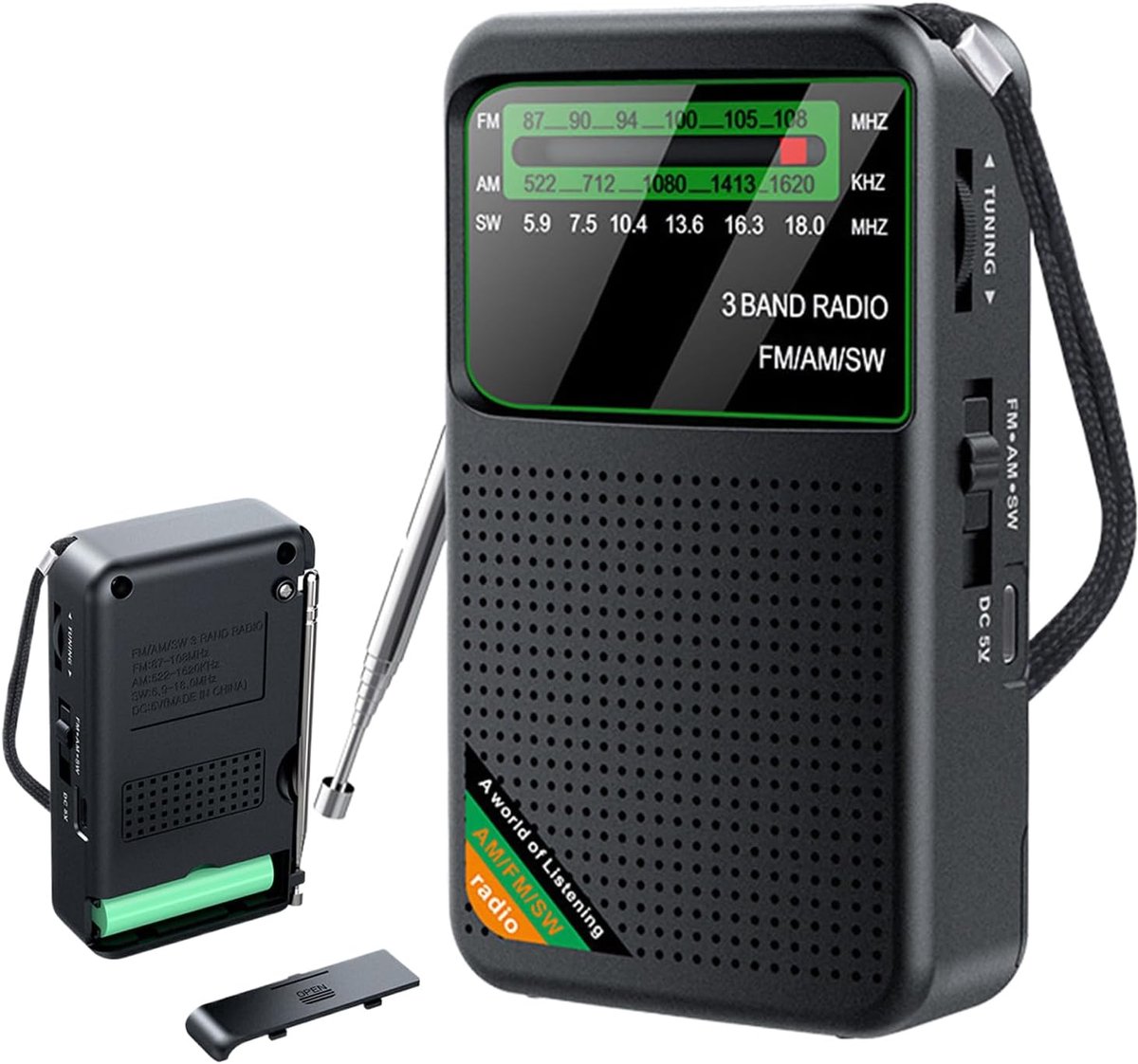 Draagbare Radio - Compacte Ontvanger - Muziek Luisteren - AM FM SW Banden - 11.6 cm Breed - Zwart