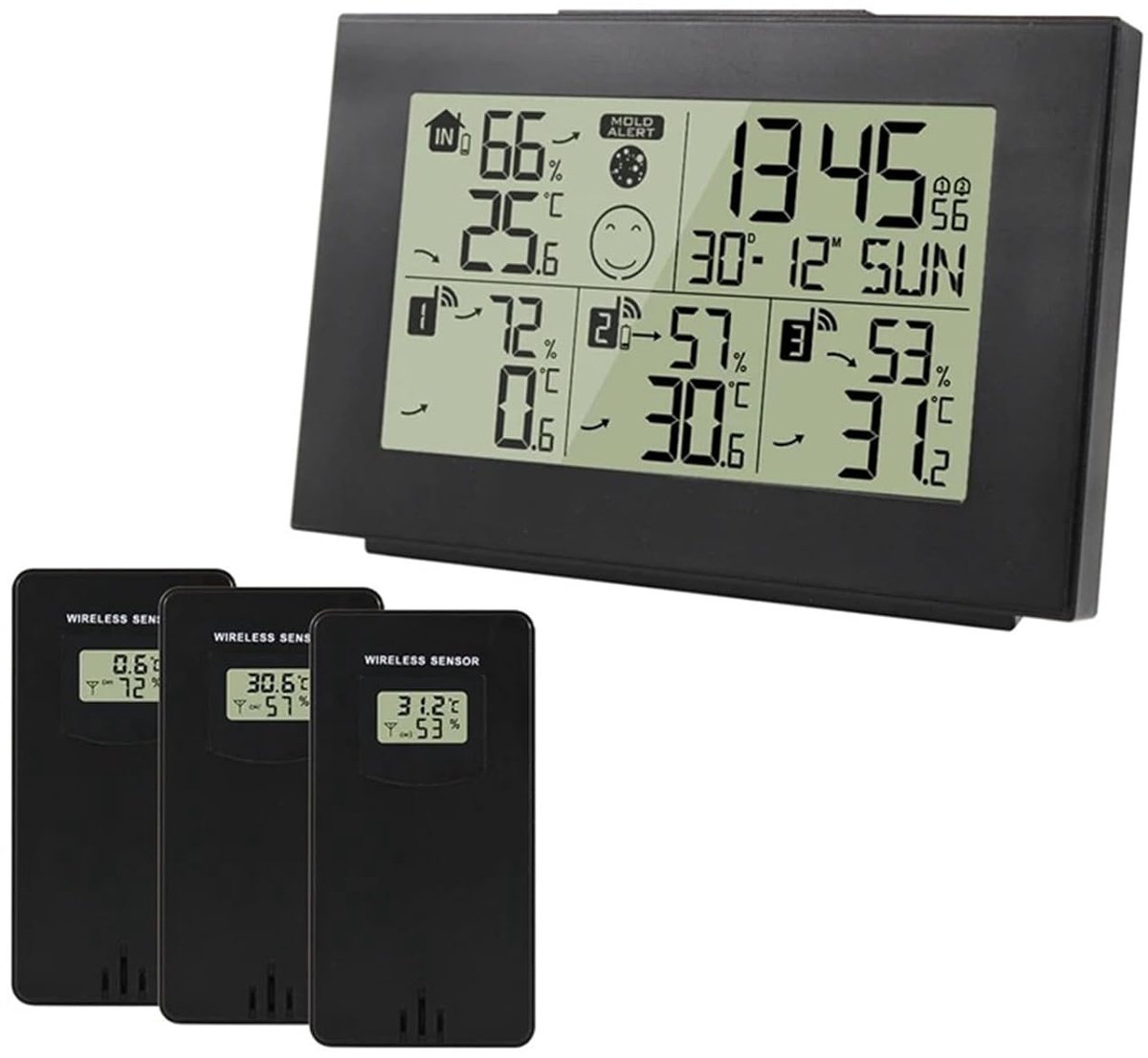 Draadloos Weerstation - Binnen Buiten Meter - Temperatuur Vochtigheid - Drie Afstandssensoren - Trend Dubbele Wekker - Wit