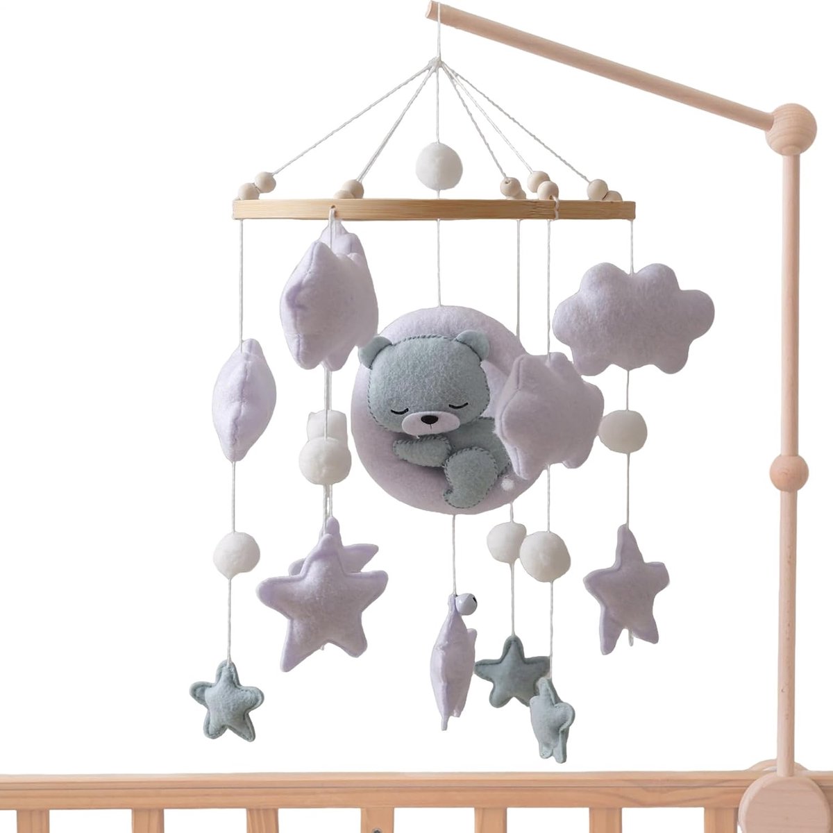 Babymobiel Ledikantje - Wiegspeeltje Kinderkamer - Baby Entertainment - Handgemaakt Vilt Hout - 45x23x23cm