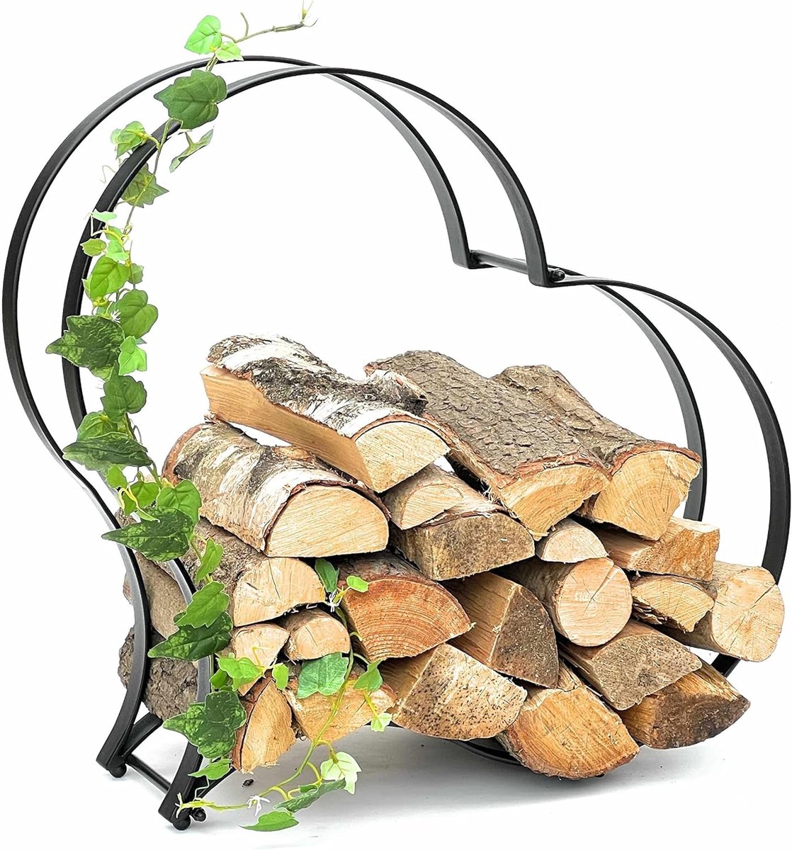 Houthouder Metaal - Houtmand Decoratief - Haardhout Opslag - Hartvorm Design - 60x70x21 cm - Zwart