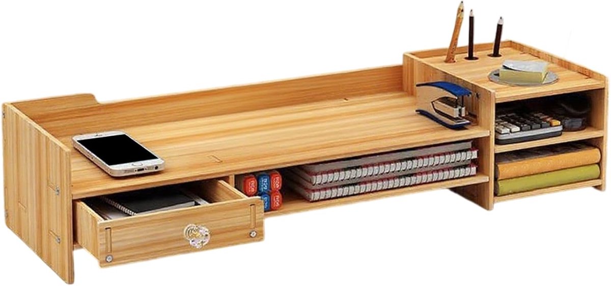 Monitor Verhoger - Bureau Plank - Bureau Organisatie - Met Opbergvakken - 63.5x20x13.5 cm - Houten kleur
