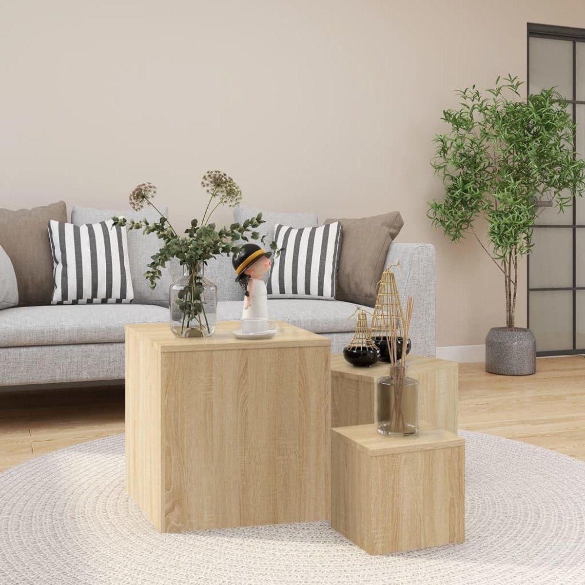 Bijzettafels Set - Drie Tafels - Woonkamer Decoratie - Verschillende Maten - 45x45x45cm - Sonoma Eiken
