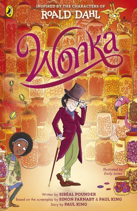 Boekomslag 'Wonka' van Roald Dahl, met Willy Wonka in een paars jasje en groene broek, die leunt op een wandelstok. Een meisje staat links en een flamingo en giraf zijn rechts te zien te midden van potten.