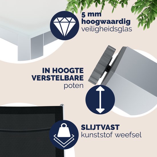 Details van de Casaria tafel met glazen blad en in hoogte verstelbare poten, en stoel met slijtvast kunststof.
