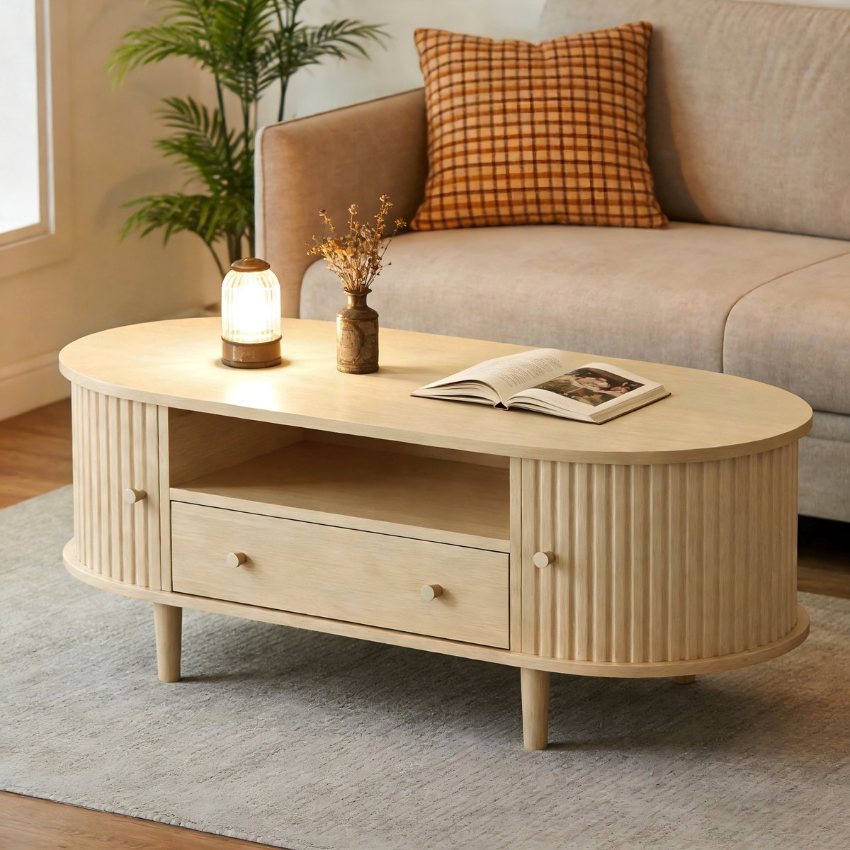 PHOEBE CAT Salontafel - Met lade - Schuifdeuren - 100 x 50 x 36 cm - Licht eiken