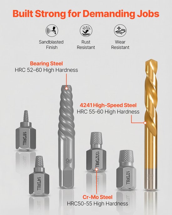 Gedetailleerd overzicht van een spiraal schroefverwijderaar, een gouden boor, en zilveren adapters, met materiaalaanduidingen.
