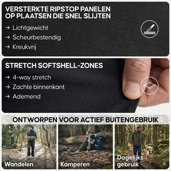 Versterkte ripstop panelen, stretch softshell-zones, ideaal voor wandelen, kamperen en dagelijks gebruik.