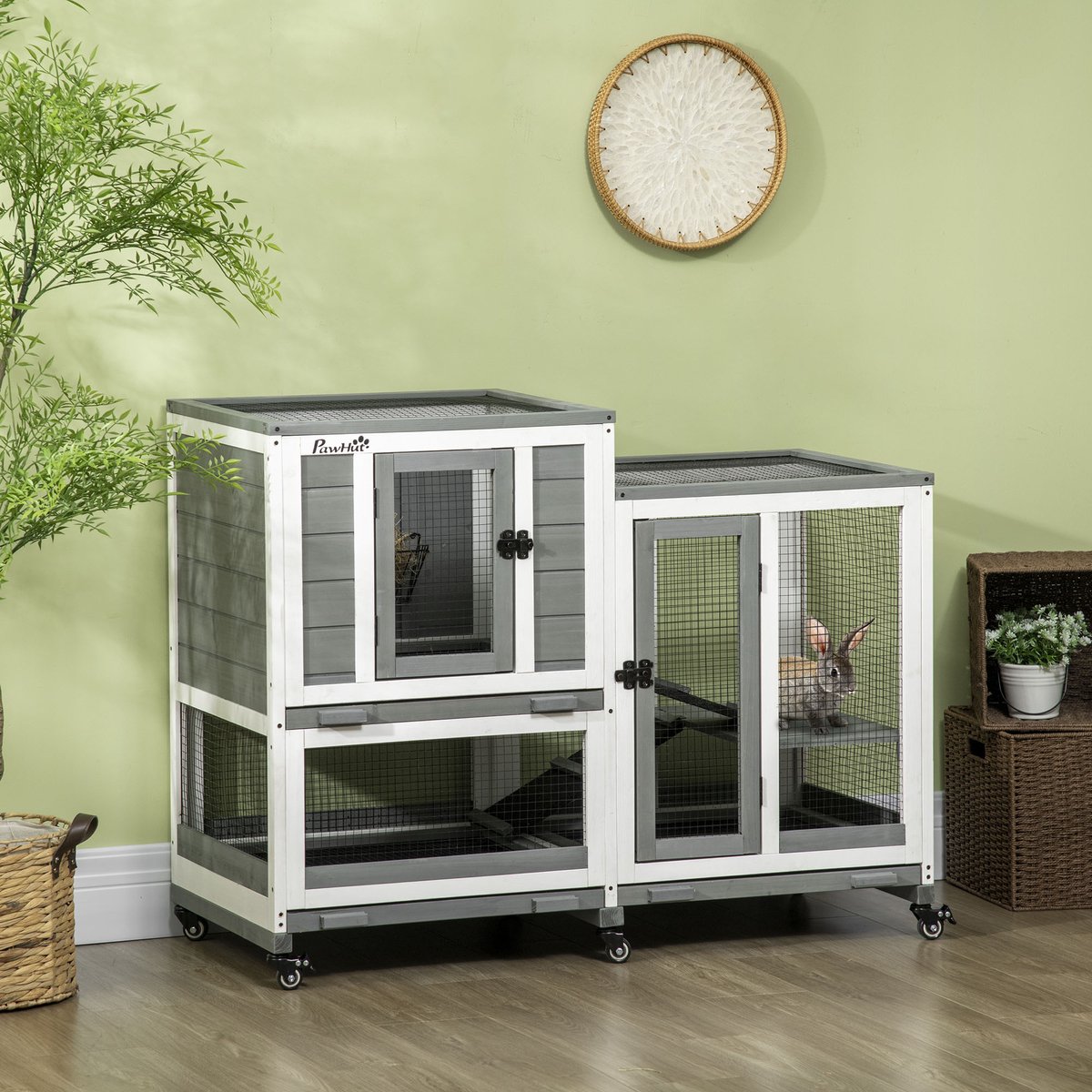 Konijnenhok binnen met ren en wielen - 110x50x86 cm – Houten konijnenkooi met lade en helling – Binnenhok voor konijnen en knaagdieren - Grijs