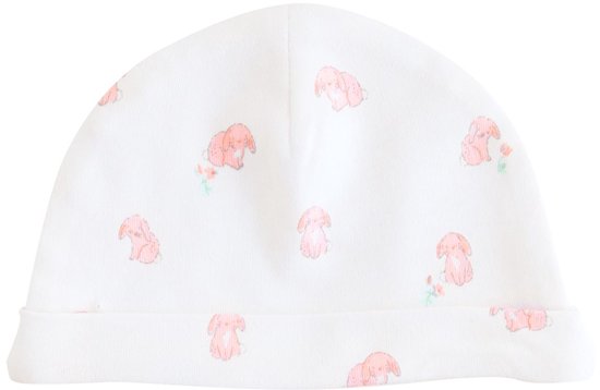 Wit mutsje met all-over print van schattige roze olifantjes.