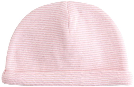 Roze gestreept mutsje met omgeslagen rand.