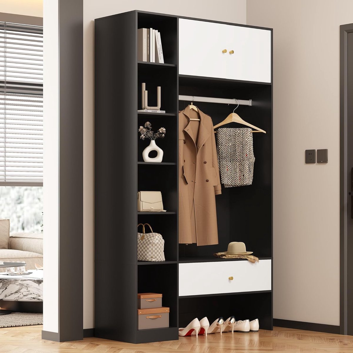 Garderobekast - Kledingkast - Opbergen Kleding - Compact Ontwerp - 105x40x185 cm - Zwart W