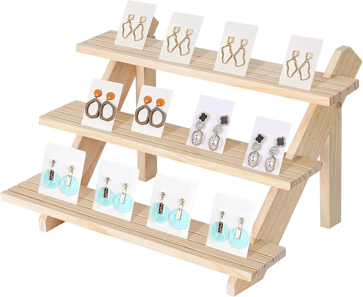 Houten Display Standaard - Opbergrek Tafel - Winkelpresentatie Kantoor - Gelaagde Structuur - 3 Lagen - Natuurlijk Hout